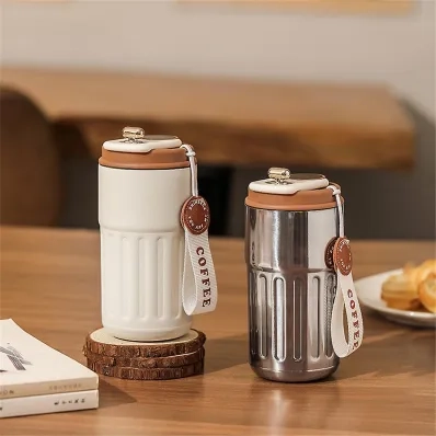 Thermos coffee cup with temperature display, stainless steel