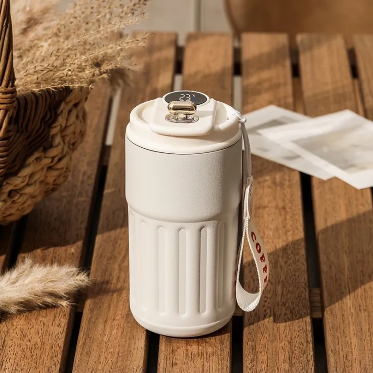 Thermos coffee cup with temperature display, stainless steel - White Thermos coffee cup with temperature display, stainless steel - White
